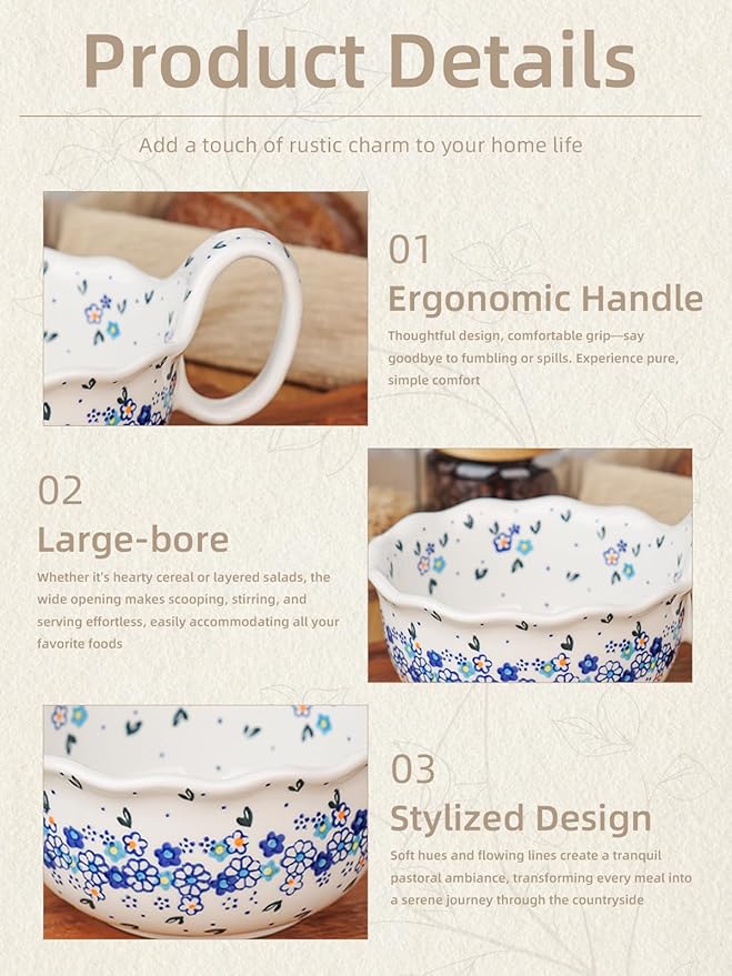 silesia Handmade Ceramic Soup Bowl, 30 oz Hand Painted Bowl with Loop Handle, Floral Design Cereal Bowl for Soup, Ice cream, Snack, Microwave & Dishwasher Safe (Forget Me Not)
