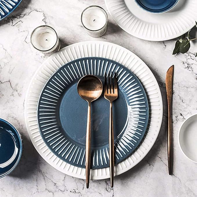 Dinner Sets,26Pcs Dinnerware Sets For 5, Ceramics Dinner Set, Tableware Set In French Style, Blue White Stripe Plates And Bowls Set, Complete Combi-Porcelain, Microwa