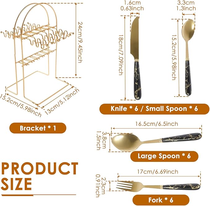 24 Pcs Silverware Set with Hanging Holder, Stainless Steel Flatware Set, Kitchen Utensil Tableware Set with Stainless Steel Knives and Forks and Spoons, Mirror Polished, Dishwasher Safe (Black)