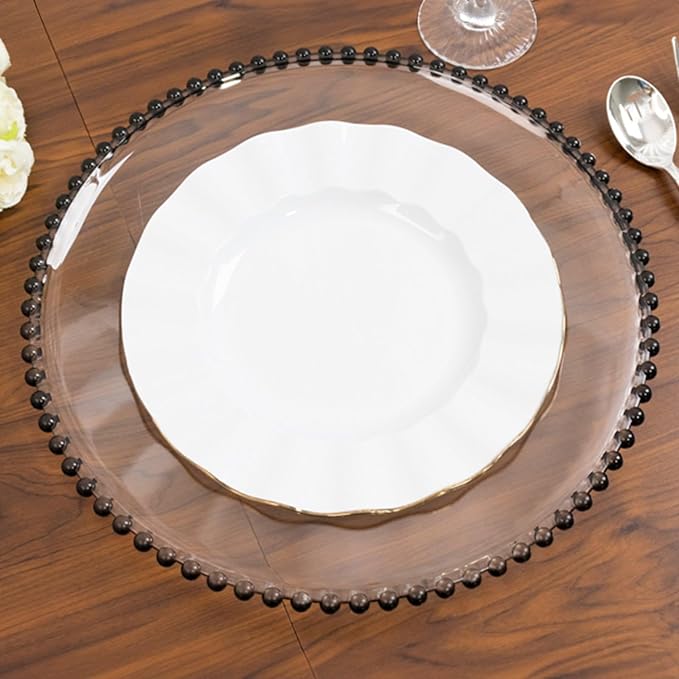 13" Charger Plates - Set of 12 - Clear/Black Round Acrylic Disposable Chargers with Beaded Rim, Ideal for Dinner Party Wedding Bulk Events