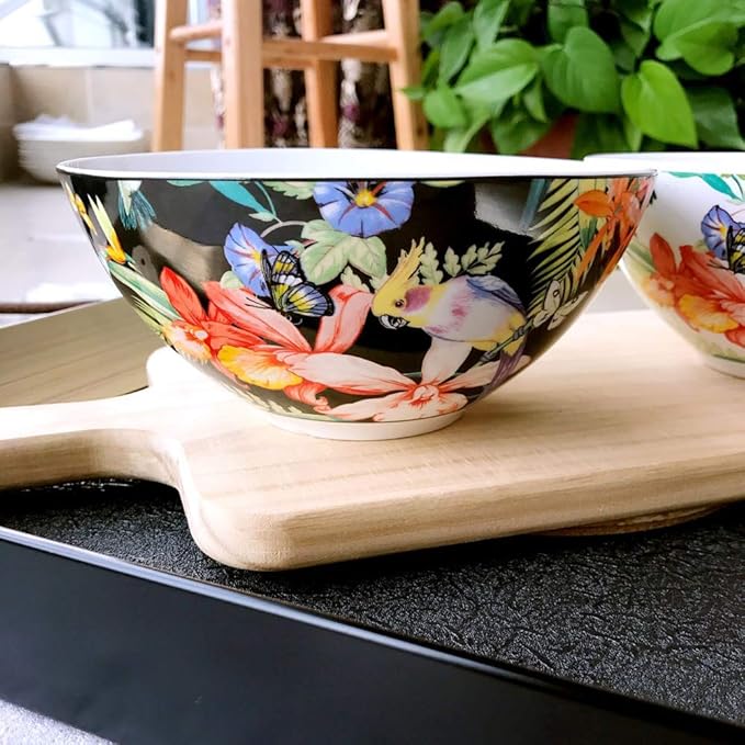 SHINING Porcelain Bone China Dinnerware Ceramic Floral Design Tableware Service Plate Mug Bowl Set (Black Cereal Bowl)