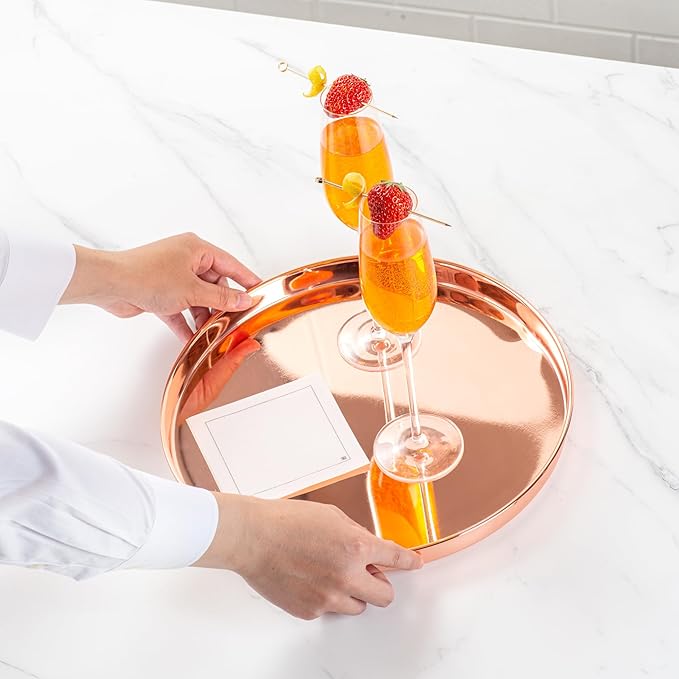 Restaurantware 12-inch Round Stainless Steel Serving Tray: Perfect for Bars Restaurants and Catered Events - Copper-Plated Party Tray for Cocktails and Snacks - 1-CT