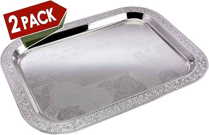 (Pack of 2) 19.1 inch x 14.4 inch Oblong Chrome Plated Serving Tray Stylish Design Floral Engraved Edge Decorative Party Wedding Dessert Buffet Wine Platter Plate Birthday Gift NC-063