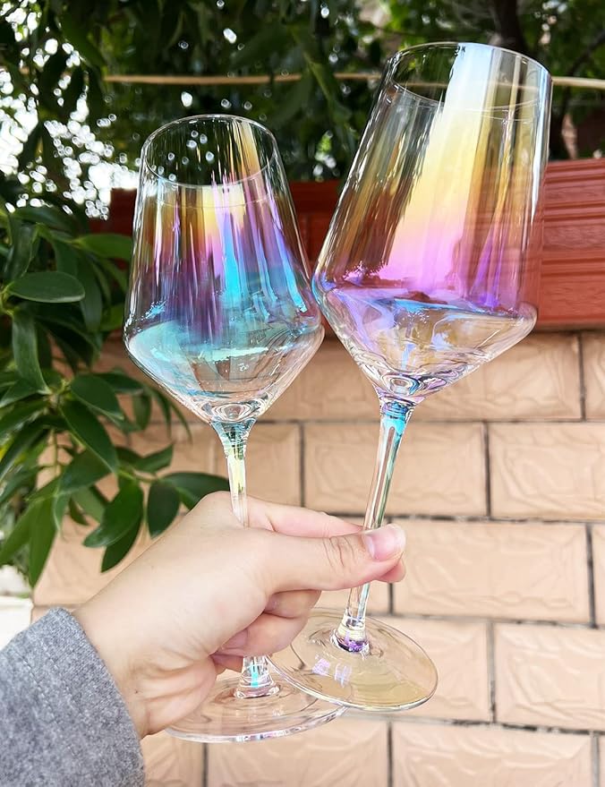 Iridescent Wine Glasses Set of 4-15oz Wine Glass, Hand Blown Crystal Red Wine or White Wine Glass, Gifts for Women, Men, Wedding, Anniversary, Christmas, Birthday, Gift Packaging