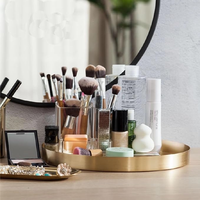 Beautiful Stainless Steel Round Tray - Gold Jewelry Dish & Makeup Organizer for Vanity, Bathroom, Dresser & Serving Tray for Drink, Breakfast, Tea, Dinner (L-12 inch)