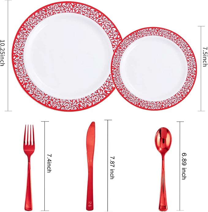 U-QE 150PCS Red Plastic Plates with Plastic Silverware, Red Disposable Plates Include 30 Dinner Plates 10.25", 30 Salad Plates 7.5",30 Forks,30 Knives,30 Spoons Perfect for Party