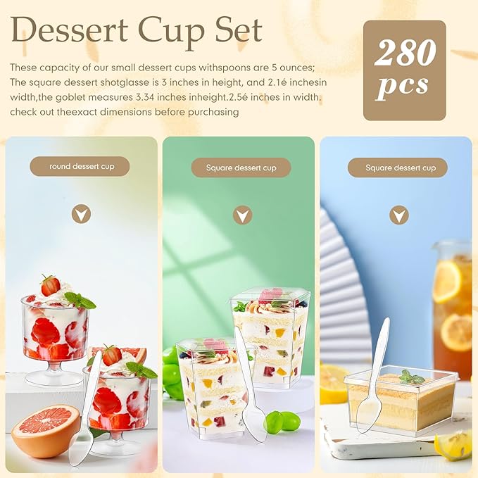 tchrules 280 Packs Dessert Cups with Lids, 5oz Mini Clear Plastic Dessert Cup Parfait Appetizer Cups for Serving Fruit Trifle Mousse Ice Cream and Pudding (280)