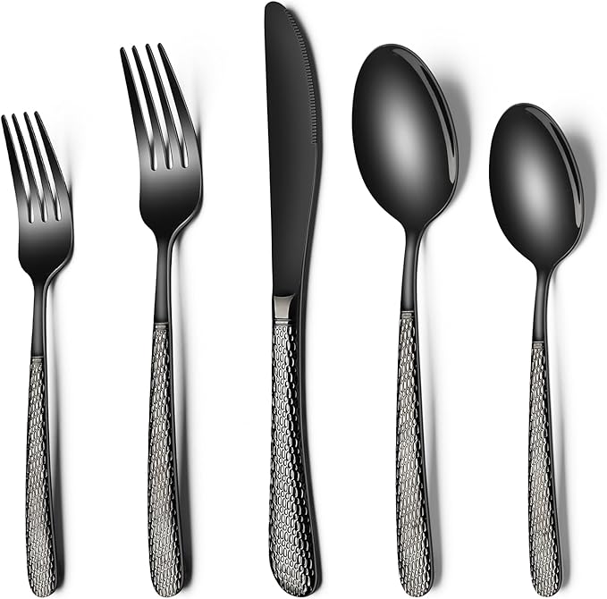 Black Hammered Silverware Set, 20-Piece Stainless Steel Heavy Duty Flatware Set for 4, Food-Grade Tableware Cutlery Set, Utensil Sets for Home Restaurant, Mirror Finish