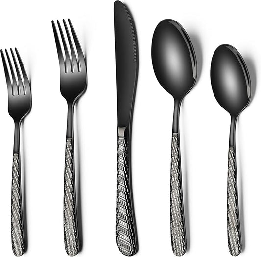 Black Hammered Silverware Set, 20-Piece Stainless Steel Heavy Duty Flatware Set for 4, Food-Grade Tableware Cutlery Set, Utensil Sets for Home Restaurant, Mirror Finish