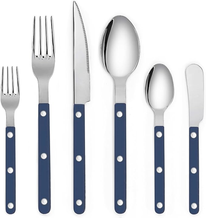 6-Piece Stainless Steel Flatware Silverware Cutlery Set - Color Handle with Rivet/Retro Style - Includes Dinner Knife; Dinner Fork; Salad Fork; Soup Spoon; Teaspoon; Spreader (NAVY)