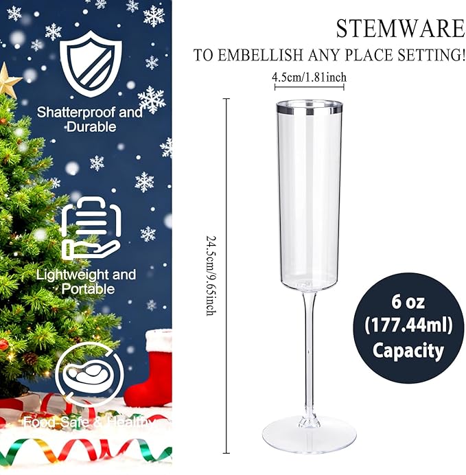 Ciaell 24 Pack Silver Plastic Champagne Flutes - 6 Oz Disposable Champagne Glasses - Square Silver Rim Plastic Toasting Glasses for Party Birthday Anniversary Wedding