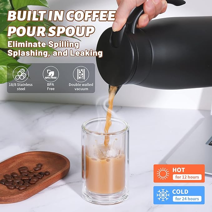 34 Oz Thermal Carafe, Insulated Stainless Steel Coffee Carafes for Keeping Hot Coffee & Tea for 12 hrs and Cold for 24 hrs, 1L/Black