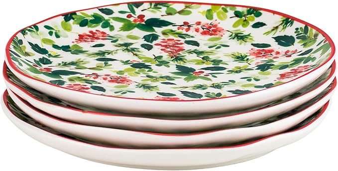 10 Strawberry Street Bella Holiday Appetizer Plates, Holly, Set of 4