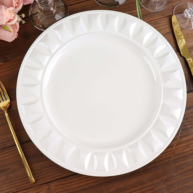 Efavormart 6 Pack | 13" White Round Bejeweled Rim Plastic Dinner Serving Trays, Disposable Charger Plates
