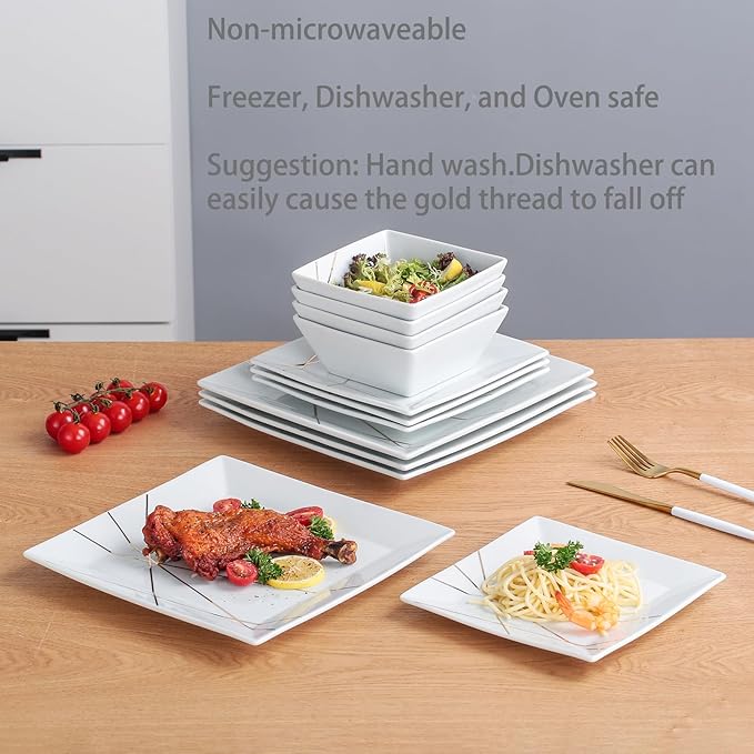 DOMINI 12-Piece Kitchen Dinnerware Set, Service for 4, Porcelain Dishes Dinner Set, Square Dinnerware Sets with Dinner Plates, Dessert Plates and Pasta Bowls,White gold line