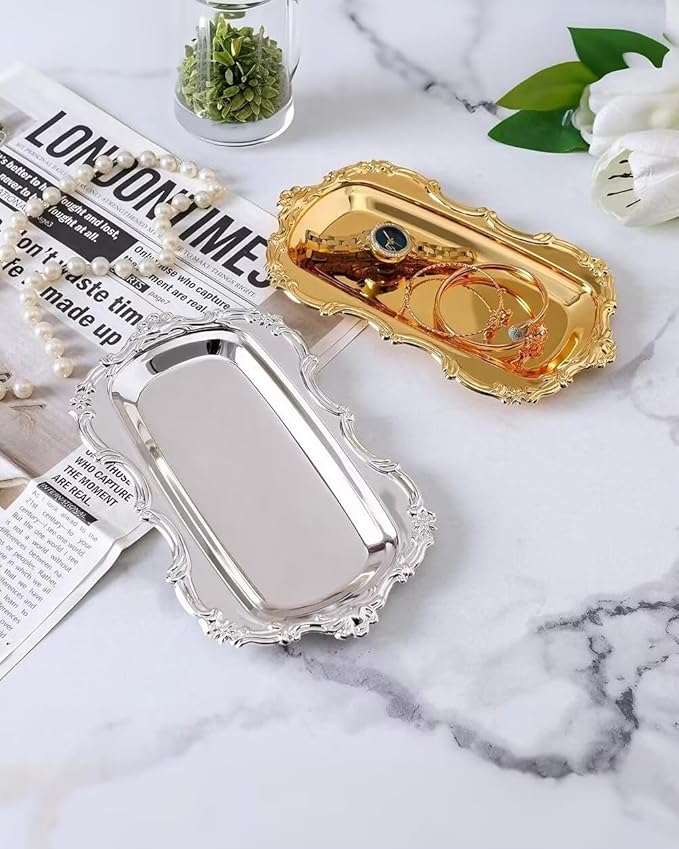 3PCS 8in Vintage Serving Trays Set Decorative Tray Metal Tableware Platters for Cookies Desserts Party Food Display (Silver)