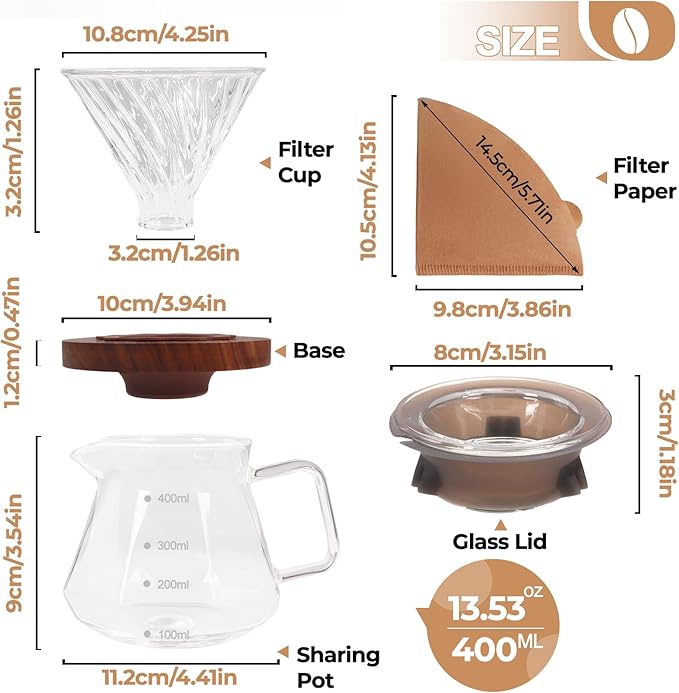 Pour Over Coffee Maker 400ml Borosilicate Glass Drip Coffeemaker Server Set with 50pcs V60 Cone Paper Filters Walnut Collar Glass Lid Clear Hand Brew Dripper Carafe for Home Camping Travel 13.5oz