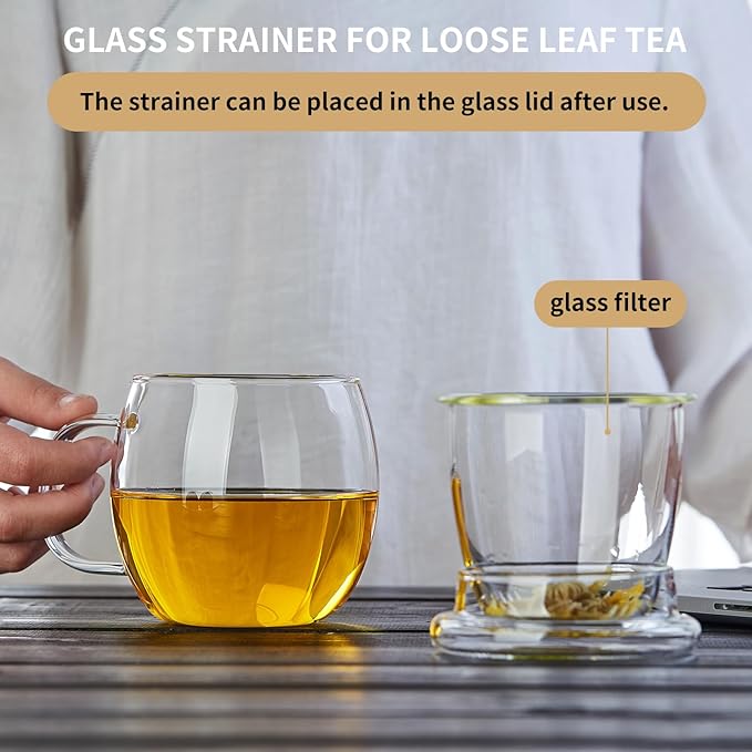Glass Tea Cup with Infuser and Lid, 17oz/500ml Large Borosilicate Teacup, Clear Mug for Loose Leaf Tea, Blooming Tea, Tea Bags - Perfect Christmas or Birthday Gift for Women.