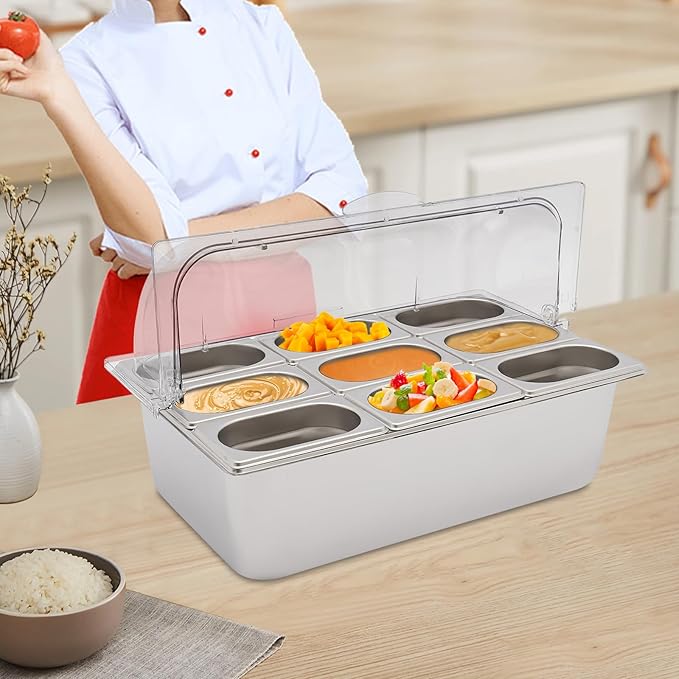 9 Pans Ice Food Serving Display Container w/Clear Roll Top Cover, Stainless Steel Serving Tray Catering Supplies Buffet Display Condiment Dispenser Plate Case for Restaurant Hotel Kitchen