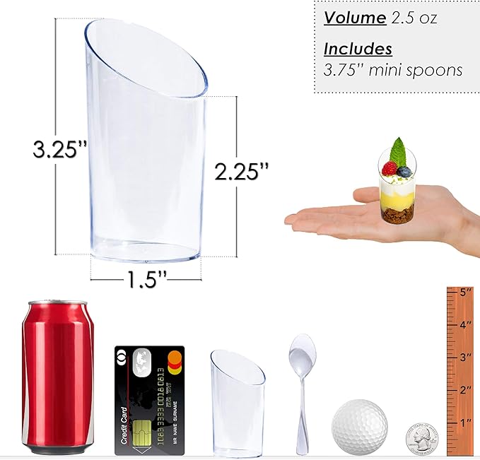DLux 32 x 2.5 oz Mini Dessert Cups with Spoons, Slanted Round - Clear Plastic Parfait Appetizer Cup - Small Reusable Serving Bowl for Tasting Party Desserts Appetizers - With Recipe Ebook