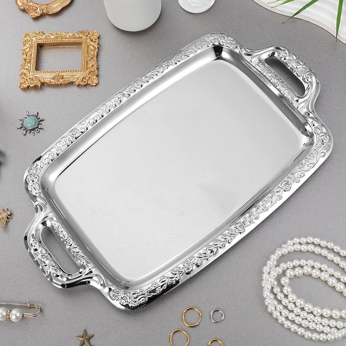 Silver Serving Tray with Handle Small Vintage Silver Tray Elegant Floral Metal Serving Platter for Kitchen Dining Wedding Party, Plate Internal Dimensions: 10.6 x 7.1 inch
