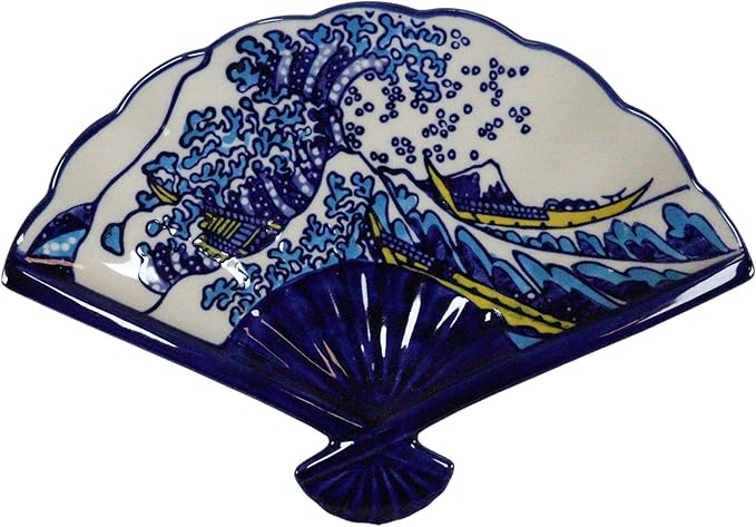 Ebros Pack Of 4 Colorful Oriental Folding Fan Shaped Appetizer Sushi Dessert Serving Dish Plates Decorative Asian Artistic Dinner Lunch Serveware Plate Set (White And Blue Hokusai The Great Wave)