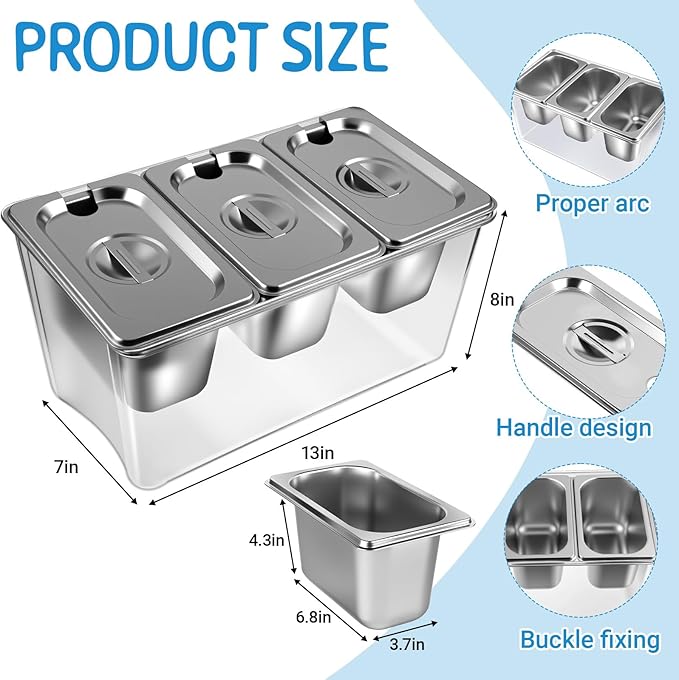 3 Compartments Ice Chilled Condiment Caddy, 30.5 oz Salad Bar Containers Stainless Steel Serving Dish with Lids for Bar, Hummus, Fruit, Salad, Ice Cream Topping, Sauces, Party Supply