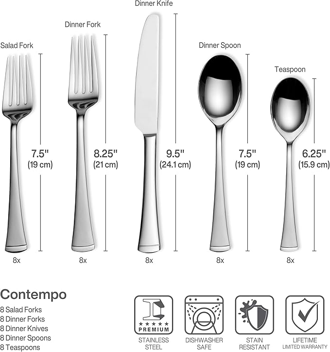 Gourmet Basics by Mikasa Contempo 45-Piece Stainless Steel Flatware Set, Service for 8