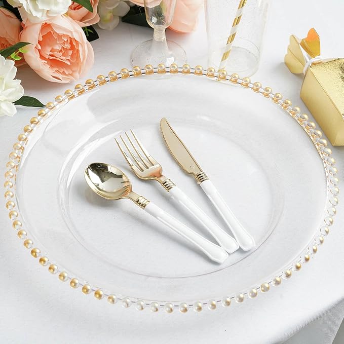13" Charger Plates - Set of 12 - Gold Round Acrylic Disposable Chargers with Beaded Rim, Ideal for Dinner Party Wedding Bulk Events