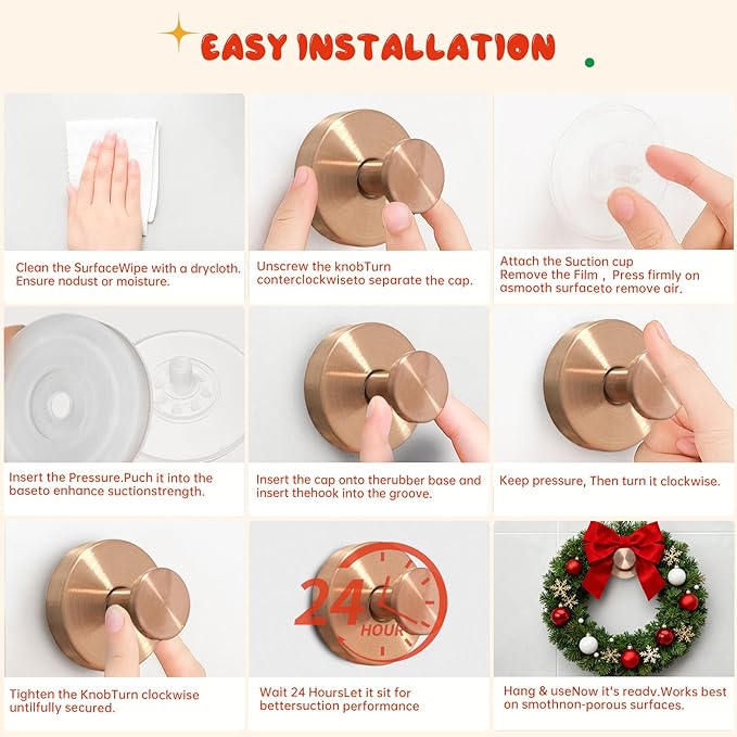 Suction Cup Hooks, Suction Cup Hooks for Shower,Removable Towel Hooks for Bathroom Window Glass Door Wall, Bath Robe Looafh Wreath Hook for Hanging (Rose Gold)