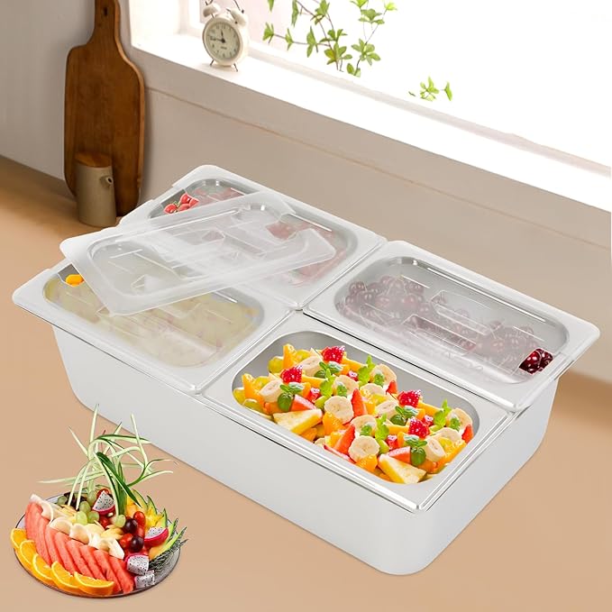 Four-Compartment Fruit Pan, with Acrylic Lids Water-Filtering 18 Pcs Serving Container Stainless Steel for Restaurants Food Trucks Cafes