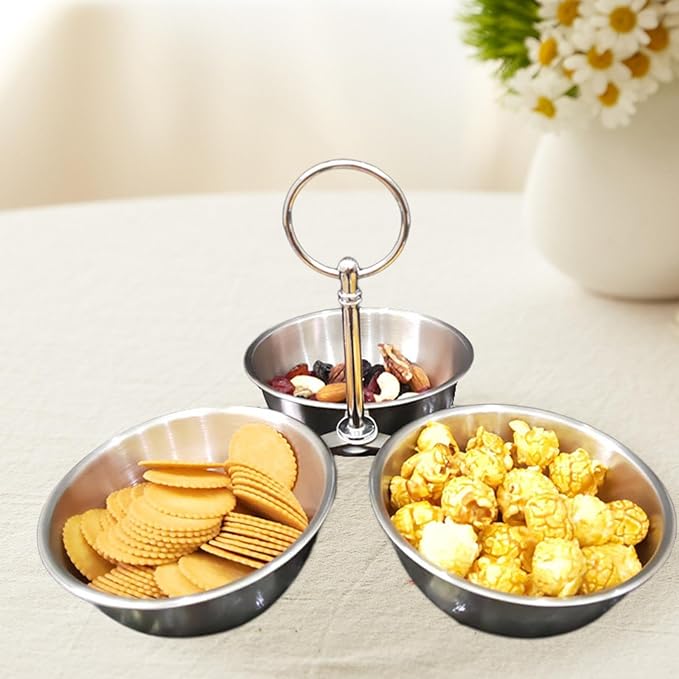 Snack Serving Bowl Divided Serving Tray Chip Dips Serving 3 Section Snack Stand with Bowls for Candy Dessert Fruit Sauce Dips, Silver
