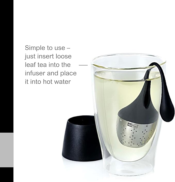 AdHoc Hangtea Infuser Black - Tea Infuser Kitchen Accessory - Dishwasher-Safe Metal Strainer for Fruit & Other Teas - Stainless Steel Diffuser with Silicone Arm - Essential Filter for Tea