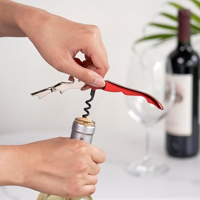 True Brands TrueTap Double Hinged Waiters Corkscrew, Top-notch Stainless Steel Opener with Foil Cutter Built to Last Wine Key Metallic Red, Set of 1