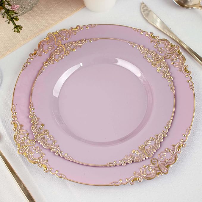 8" Salad Plates -Set of 10 - Plastic Lavender Lilac Round Baroque Disposable Chargers Leaf Embossed Rim, Ideal for Dinner Party Wedding Bulk Events