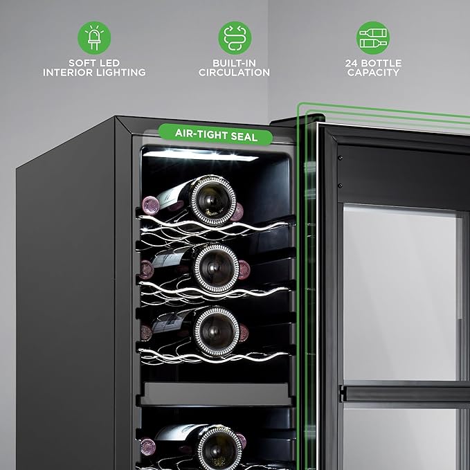 Nutrichef 24 Bottle Wine Fridge | Dual Zone Wine Chiller | Adjustable Temperature 41°F to 64°F | Ultra Quiet Operation | Wine Cooler For Home, & Office | Free Standing 39x11x23 IN (Black)