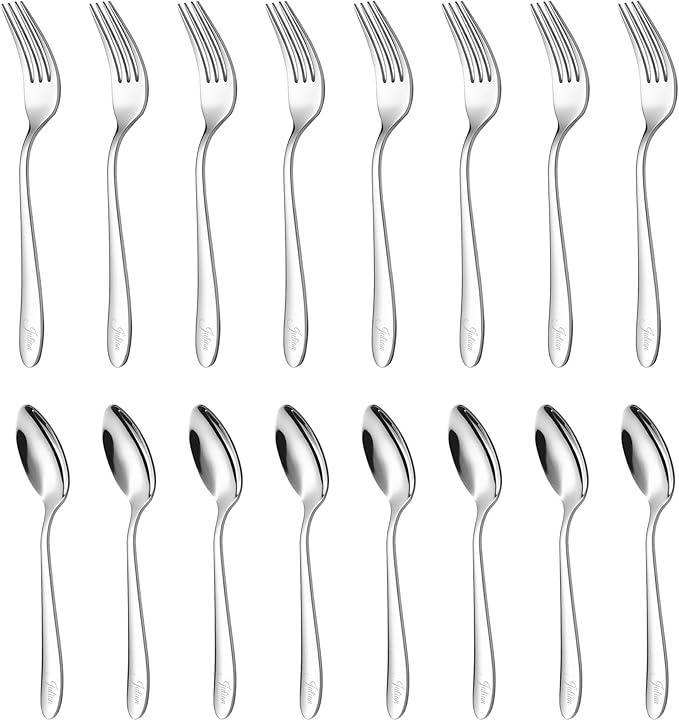 Personalized Dessert Forks and Spoons Silverware Set, 16 Piece Custom Text Engraved Stainless Steel Flatware Cutlery Sets, Mirror Polished Salad Fork and Teaspoon Set