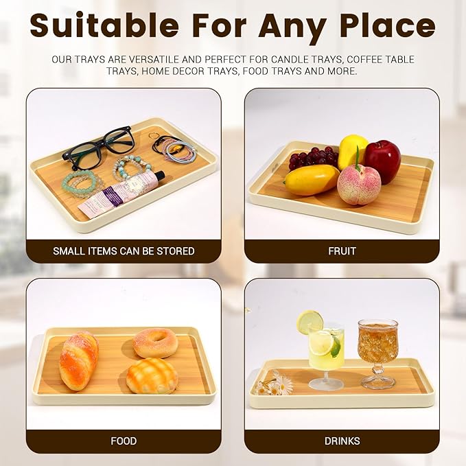 2 Pack Beige Plastic Serving Trays, 13.7" x 9" & 11.8" x 7.4" Rectangular Decorative Party Platter Dishes, Reusable Minimalist Tray Decor for Coffee Table Food Fruit Snack Dessert (Beige)