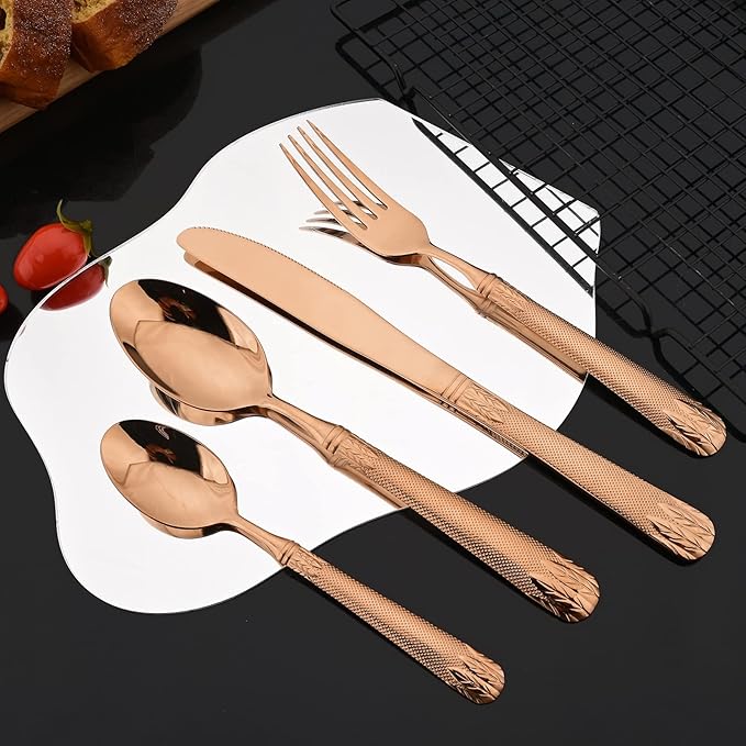JASHII Copper 304 Stainless Steel Hammered Silverware Set with Wheat Spike Pattern, Modern Eating Tableware Flatware Set, Service for 6. Flat Handle, Dishwasher Safe - Shiny Rose Gold