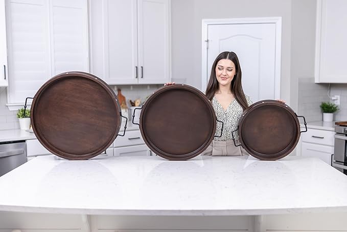 24" Extra Large Round Ottoman Tray, Heavy Duty Mango Wood, for Serving Tea, Breakfast in Bed, Living Room Large Coffee Table Tray Rustic with Farmhouse Style, Decorative Handles and Accent Strap