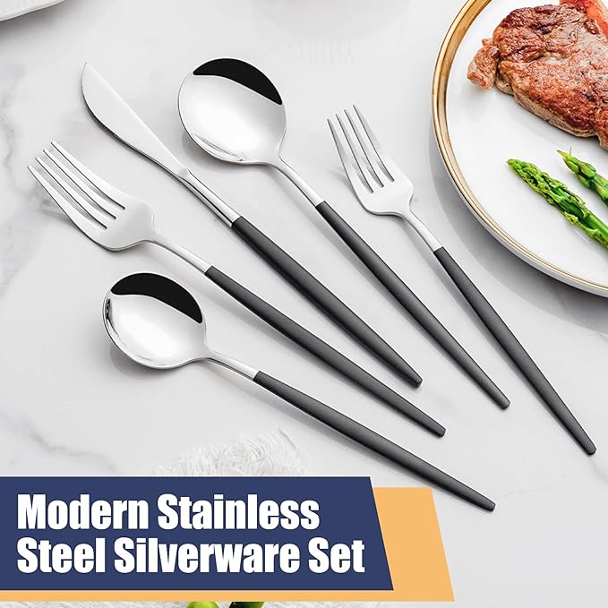 20 Piece Black Silver Silverware Set,Stainless Steel Flatware Cutlery Set Service for 4 Including Forks Spoons Knives,Utensil Set,Tableware for Home and Restaurant, Dishwasher Safe