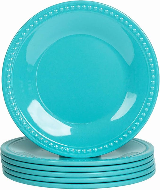 Melamine Beaded Dinner Plate Set of 6, BPA Free, Chip & Break Resistant, Lightweight, Great for Dining, Weddings & Everyday Meals, Aqua, 11in