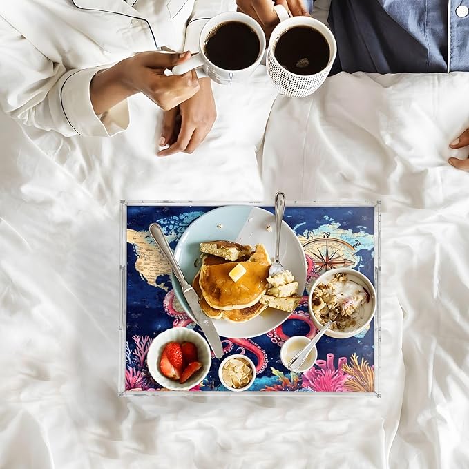 Serving Tray with Handles Clear Acrylic Tray 12x16 Inch Decorative Rectangular Tray Organizer for Ottoman Coffee Table Bathroom Blue World Map and Octopus