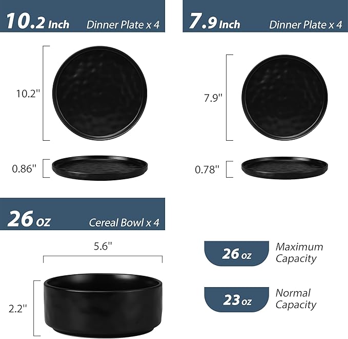 LIANYU Dinnerware Dishes Sets for 4, 12 Piece Stoneware Dinner Plates and Bowls Set, Ceramic Dinning Dishware Includes Salad Plate, Cereal Bowls, Chip Resistant & Dishwasher Safe, Obsidian Matte Black