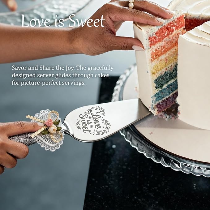 Wedding Cake Knife and Server Set – 10.83" Serrated Knife & 9.84" Server with Rustic Lace Burlap Handles, Stainless Steel Blades, for Bride & Groom, Anniversary & Engagement Gift (silver)