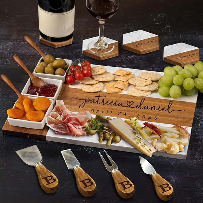 Personalized Charcuterie Board Wedding Gift - Custom Marble Cheese Board, Customizable Kitchen Gifts for Couples, Wood Engraved Bridal Shower Gifts
