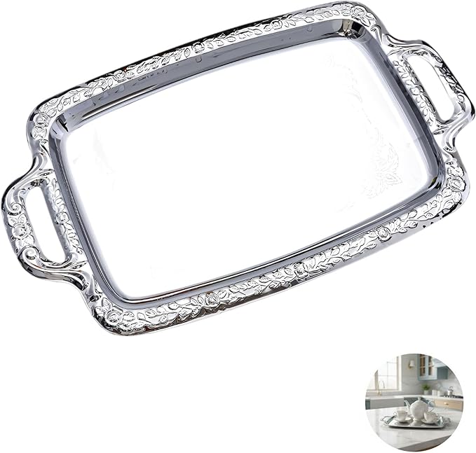 16.1 In Silver Serving Tray With Handles, Stainless Steel European Style, Metal Ottoman Decorative Food Tray For Coffee Table, Parties