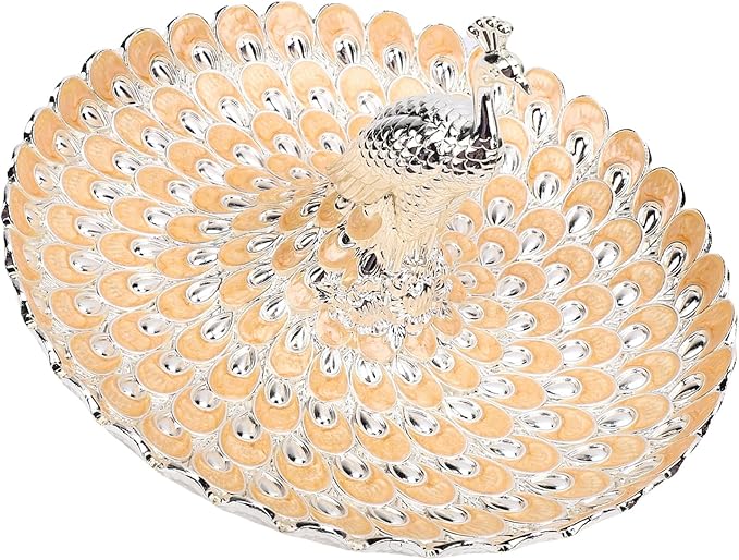 Peacock Shape Fruits Serving Tray, Zinc Alloy Fruits Storage Dish Trinket Decorative Plate with Detachable Peacock, for Vegetables, Snacks, Bread, Candy (Silver Orange)