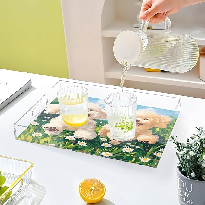 Serving Tray with Handles Clear Acrylic Tray 12x16 Inch Decorative Rectangular Tray Organizer for Ottoman Coffee Table Bathroom Spring Running Poodle Dogs