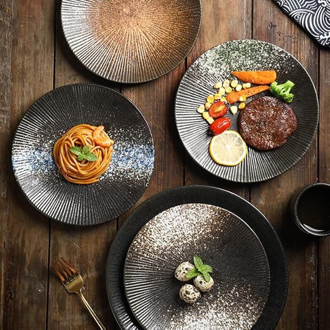 Dessert Plates 1pcs 8/10 Inch Ceramic Plate Simple Round Home Creative Steak Plates Spaghetti Line Flat Dishes Western Restaurant Tableware Dinner Tableware(C,Medium)